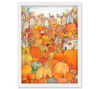Artery8 Halloween Pumpkin Festival Autumn Harvest Modern Folk Art Watercolour Painting Artwork Framed Wall Art Print A4