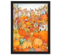 Halloween Pumpkin Festival Autumn Harvest Modern Folk Art Watercolour Painting Artwork Framed Wall Art Print A4 Artery8 Black One Size