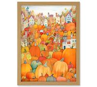 Artery8 Halloween Pumpkin Festival Autumn Harvest Modern Folk Art Watercolour Painting Artwork Framed A3 Wall Art Print