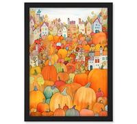 Artery8 Halloween Pumpkin Festival Autumn Harvest Modern Folk Art Watercolour Painting Artwork Framed A3 Wall Art Print