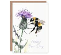 Artery8 Happy B Day Watercolour Thistle Flower Bumble Bee Blank For Him Or Her Art Birthday Card