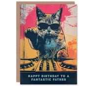 Artery8 Happy Birthday Card to a Fantastic Father Grunge DJ Cat Lover Vinyl Decks Records Music