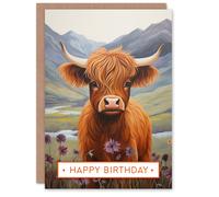Artery8 Happy Birthday Cute Highland Cow in Scotland Heather Birthday Card