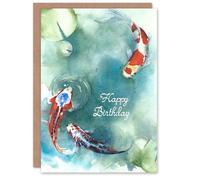Artery8 Happy Birthday Japanese Koi Fish and Lily Pads Birthday Card
