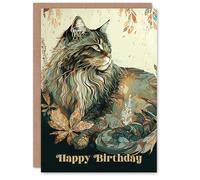Artery8 Happy Birthday Maine Coon Cat with Leaf Pattern Birthday Card