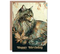 Artery8 Happy Birthday Maine Coon Cat with Leaf Pattern Birthday Card