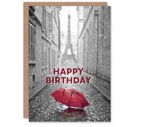 Artery8 Happy Birthday Paris Eiffel Tower and Red Umbrella Birthday Card