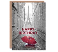 Artery8 Happy Birthday Paris Eiffel Tower and Red Umbrella Birthday Card