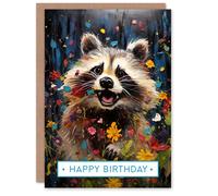 Artery8 Happy Birthday Playful Raccoon in Wildflower Meadow Birthday Card