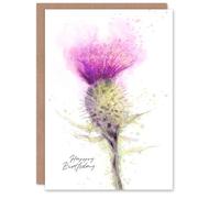 Artery8 Happy Birthday Scottish Thistle Flower Watercolor Birthday Card