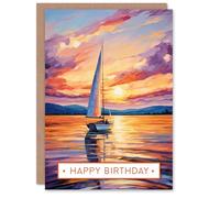 Artery8 Happy Birthday Sunset Sailing Sailboat Vibrant Seascape Birthday Card