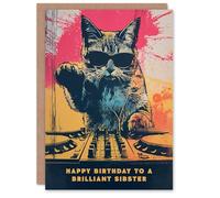 Artery8 Happy Birthday to a Brilliant Sibster Grunge DJ Cat Lover Vinyl Decks Records Music Non Binary Gender Neutral Card