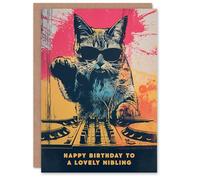 Artery8 Happy Birthday to a Lovely Nibling Grunge DJ Cat Lover Vinyl Decks Records Music Non Binary Gender Neutral Card