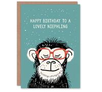 Artery8 Happy Birthday to a Lovely Niephling Cheeky Chimp Nerd Chimpanzee Monkey Non Binary Gender Neutral Card in Blue Artery8 Blue