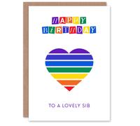 Artery8 Happy Birthday to a Lovely Sib Rainbow Stripes Love Heart Non Binary Gender Neutral Card