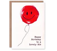 Artery8 Happy Birthday to a Lovely Sib Simple Smiley Face Red Balloon Fun Non Binary Gender Neutral Card
