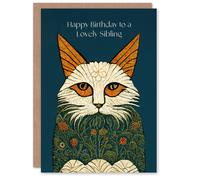Artery8 Happy Birthday to a Lovely Sibling Medieval Art Flower Cat Lover Non Binary Gender Neutral Card