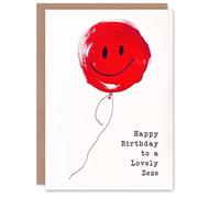 Artery8 Happy Birthday to a Lovely Zeze Simple Smiley Face Red Balloon Fun Non Binary Gender Neutral Card