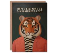 Artery8 Happy Birthday to a Magnificent Zaza Dapper Tiger Cool Hipster Fashion Fun Non Binary Gender Neutral Card in Orange Artery8 Orange