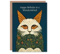 Artery8 Happy Birthday to a Wonderful Kid Medieval Art Flower Cat Lover Non Binary Gender Neutral Card
