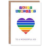 Artery8 Happy Birthday to a Wonderful Kid Rainbow Stripes Love Heart Non Binary Gender Neutral Card
