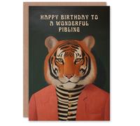Artery8 Happy Birthday to a Wonderful Pibling Dapper Tiger Cool Hipster Fashion Fun Non Binary Gender Neutral Card in Orange Artery8 Orange
