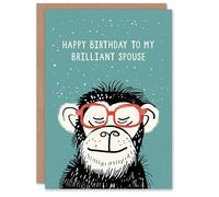 Artery8 Happy Birthday to my Brilliant Spouse Cheeky Chimp Nerd Chimpanzee Monkey Non Binary Gender Neutral Card