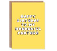 Artery8 Happy Birthday to my Wonderful Partner Bright Fun Happy Hippie Letters Non Binary Gender Neutral Card in Yellow Artery8 Yellow