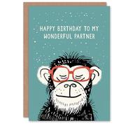 Artery8 Happy Birthday to my Wonderful Partner Cheeky Chimp Nerd Chimpanzee Monkey Non Binary Gender Neutral Card