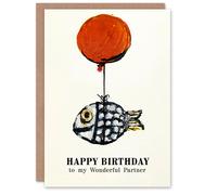Artery8 Happy Birthday to my Wonderful Partner Fun Fish Fishing Angler Balloon Non Binary Gender Neutral Card in Beige Artery8 Beige