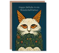 Artery8 Happy Birthday to my Wonderful Partner Medieval Art Flower Cat Lover Non Binary Gender Neutral Card