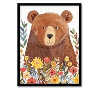 Artery8 Happy Brown Bear in Wildflower Patch Watercolour Kids Bedroom Nursery Artwork Framed Wall Art Print 18X24 Inch