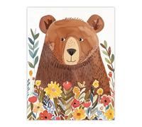 Artery8 Happy Brown Bear in Wildflower Patch Watercolour Kids Bedroom Nursery Extra Large XL Wall Art Poster Print