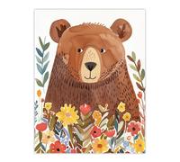 Artery8 Happy Brown Bear in Wildflower Patch Watercolour Kids Bedroom Nursery Extra Large XL Wall Art Poster Print