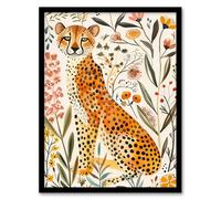 Artery8 Happy Cheetah with Wildflowers Watercolour Living Room Artwork Framed Wall Art Print 18X24 Inch