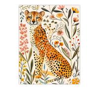 Artery8 Happy Cheetah with Wildflowers Watercolour Living Room Large Wall Art Poster Print Thick Paper 18X24 Inch