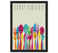 Artery8 Happy Colourful Cutlery Kitchen Food Artwork Framed Wall Art Print A4