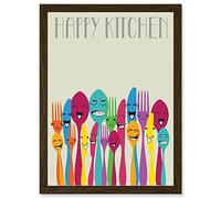 Artery8 Happy Colourful Cutlery Kitchen Food Artwork Framed Wall Art Print A4