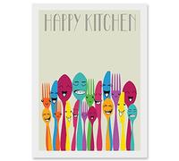 Artery8 Happy Colourful Cutlery Kitchen Food Artwork Framed Wall Art Print A4