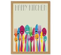 Artery8 Happy Colourful Cutlery Kitchen Food Artwork Framed Wall Art Print A4 in Light Oak Artery8 Light Oak