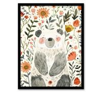 Artery8 Happy Cute Baby Bear with Flowers Watercolour Kids Bedroom Nursery Artwork Framed Wall Art Print A4