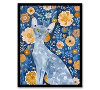 Artery8 Happy Devon Rex Cat in Orange Flowers Watercolour Living Room Artwork Framed Wall Art Print 18X24 Inch