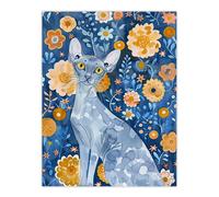 Artery8 Happy Devon Rex Cat in Orange Flowers Watercolour Wall Art Print in Blue | Size: W12" x H16" Artery8 Blue W12" x H16"