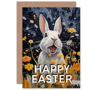 Artery8 Happy Easter Bunny in Daisy Flower Meadow For Child Her Him Blank Inside Greeting Card