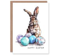 Artery8 Happy Easter Greeting Card - Bunny with Coloured Eggs, Blank Inside in White Artery8 White