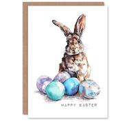 Artery8 Happy Easter Greeting Card - Bunny with Coloured Eggs Design, Blank Inside