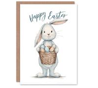 Artery8 Happy Easter Greeting Card - Bunny with Egg Basket, Blank Inside in White Artery8 White