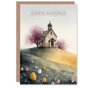 Artery8 Happy Easter Greeting Card - Church Chapel Blessings with Eggs Design, Blank Inside