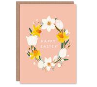 Artery8 Happy Easter Greeting Card - Flower Wreath Design, Simple Floral, Blank Inside
