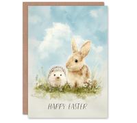 Artery8 Happy Easter Greeting Card - Hedgehog and Bunny Rabbit Design, Blank Inside